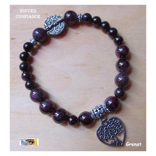 Bracelet grenat, "succès-confiance", bracelet lithothérapie, pierre naturelle, perles, arbre de vie