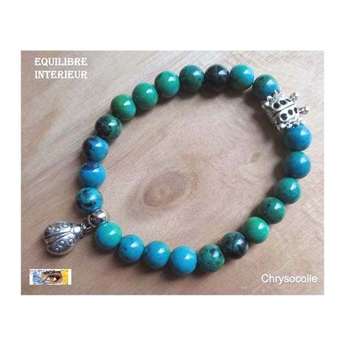 Bracelet chrysocolle, "equilibre intérieur", bracelet lithothérapie, pierre naturelle, perles, chrysocolle, coccinelle