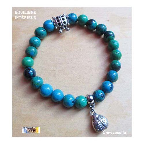 Bracelet chrysocolle, "equilibre intérieur", bracelet lithothérapie, pierre naturelle, perles, chrysocolle, coccinelle