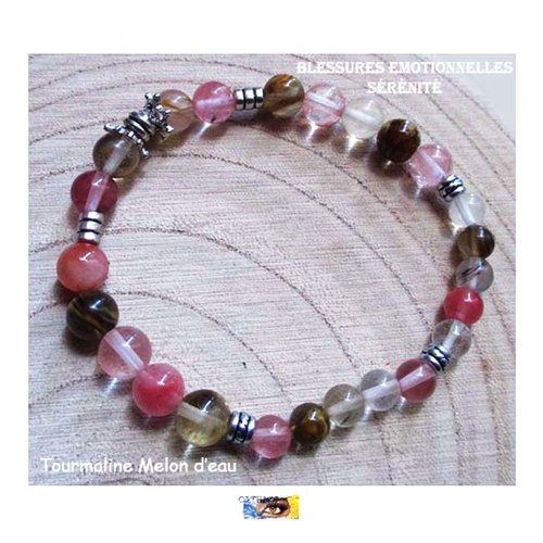 Bracelet tourmaline melon d'eau, "blessures émotionnelles-sérénité ", bracelet lithothérapie, pierre naturelle, perles