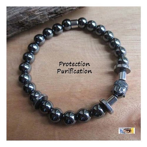 Bracelet hématite, bouddha pierre, "protection-purification", bracelet lithothérapie, pierre naturelle, perles, bracelet hommes, acier