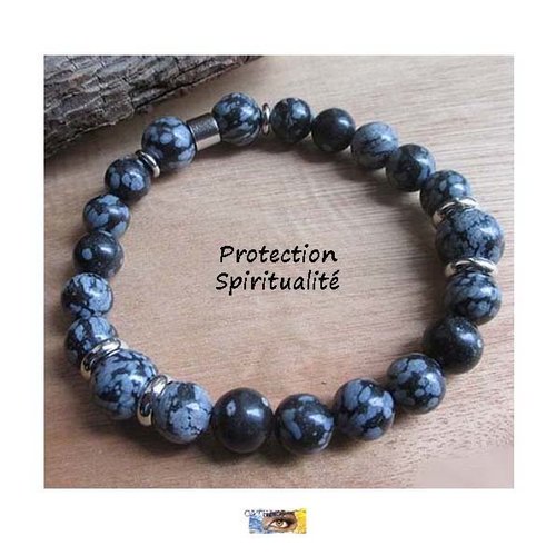 Bracelet obsidienne flocons de neige "protection-spiritualité" - acier inoxydable, bracelet pierres naturelles homme, bijou lithothérapie