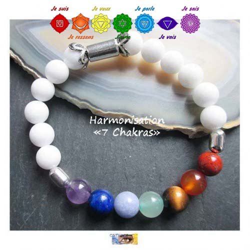 Bracelet harmonisation 7 chakras, jade blanc , pierres naturelles, bracelet lithothérapie, perles