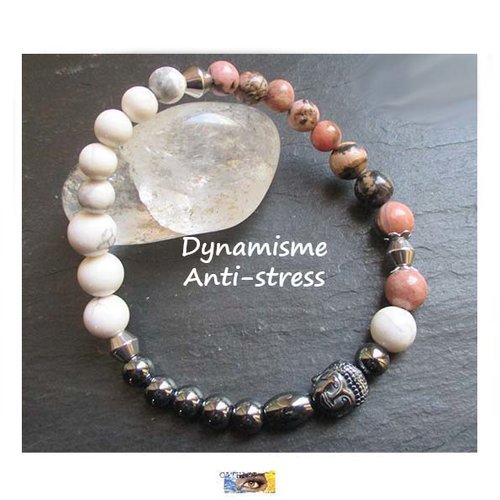 Bracelet howlite, rhodonite, hématite,  "dynamisme - anti-stress", pierre naturelle, perles, bracelet lithothérapie, acier