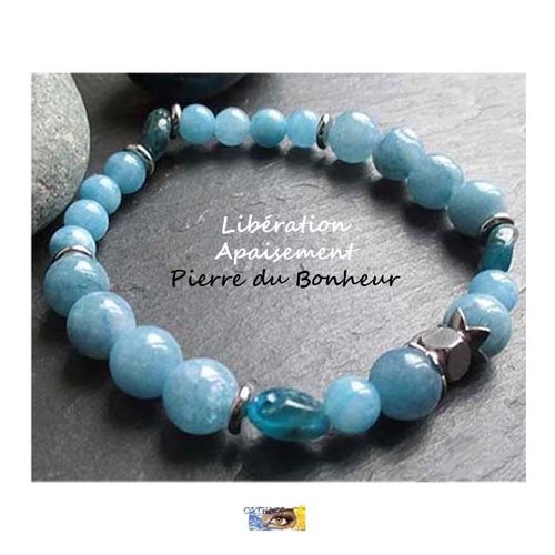 Bracelet calcédoine, apatite, "libération-apaisement-pierre du bonheur", bracelet lithothérapie, pierre naturelle, perles, acier