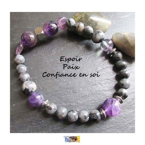 Bracelet larvikite, améthyste, fluorite , " protection-paix-espoir-confiance en soi", bracelet lithothérapie, pierre naturelle, perle, zen