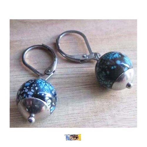 B.o. perle porcelaine bleu/noir, boucle d'oreille fantaisie, boucle femme, acier, boucle oreille design