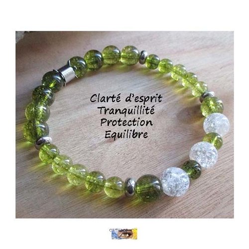 Bracelet "clarté d'esprit-equilibre-tranquillité-protection" - péridot et cristal de roche- acier inoxydable