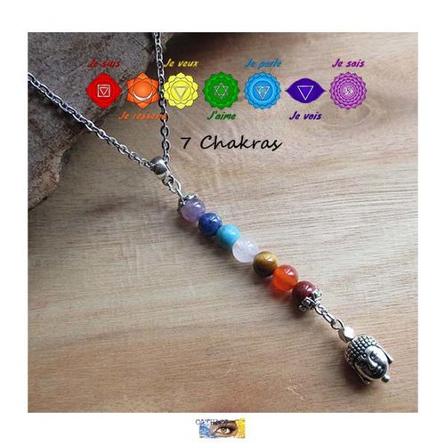 Chaine pendentif 7 chakras, "bouddha", pierre naturelle, chaîne lithothérapie, perles, pendentif chakras