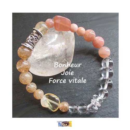 Bracelet pierre de soleil, citrine, cristal de roche, "bonheur-joie-force vitale", bracelet lithothérapie, pierre naturelle, perles