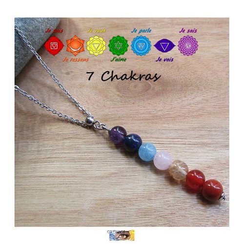 Chaine pendentif 7 chakras, acier inoxydable, pierre naturelle, chaîne lithothérapie, perles
