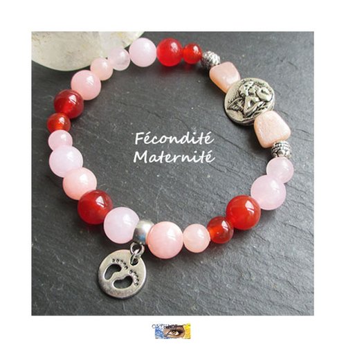 Bracelet - "fécondité-maternité" - pierre de lune, cornaline, quartz rose - "ange et pieds bébé" bracelet pierre naturelle, bijou litho