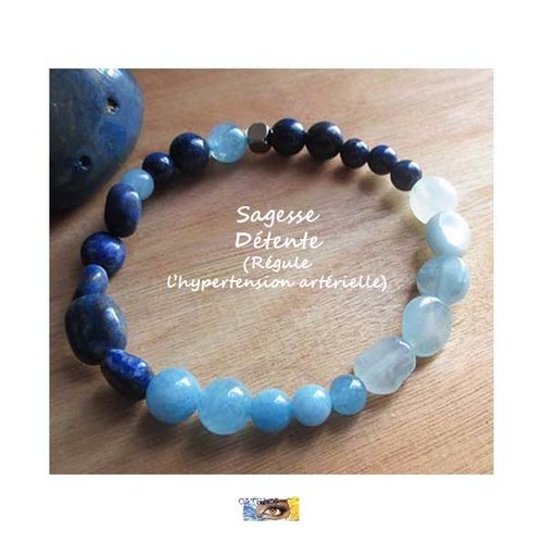 Bracelet lapis lazuli, aigue-marine,  "sagesse-détente-hypertension artérielle", bracelet lithothérapie, pierre naturelle
