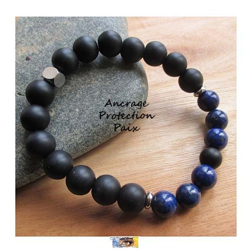 Bracelet onyx mat, lapis lazuli, "ancrage-protection-paix", bracelet lithothérapie, pierre naturelle, perles, bijou homme pierre