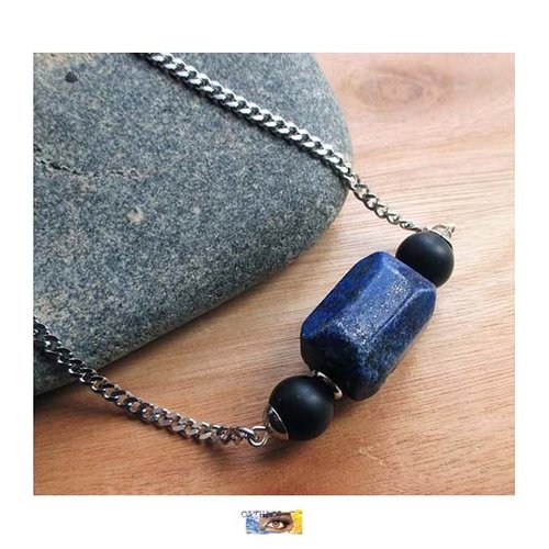 Chaine onyx mat, lapis lazuli, "ancrage-protection-paix", chaine lithothérapie, pierre naturelle, perles, bijou homme pierre, acier
