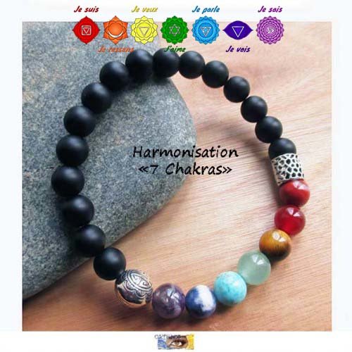 Bracelet harmonisation 7 chakras, onyx noir, perles naturelles, bracelet lithothérapie, pierre, acier