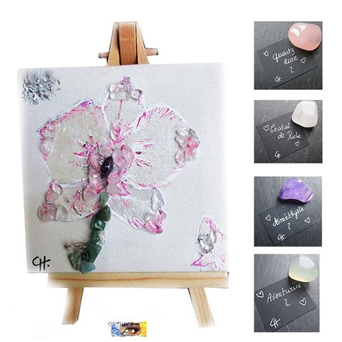 Toile fleur orchidée "relaxation-purification-douceur" - peinture, encre et pierres naturelles quartz rose, améthyste, cristal de roche