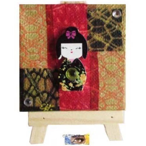 Mini toile + chevalet - "poupée japonaise" bois - collages papiers japonais, toile poupée, déco enfant