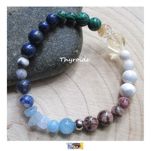 Bracelet - "thyroïde" - aigue-marine, sodalite, lapis lazuli, malachite, citrine, lithothérapie, pierre naturelle, bijou soin, zen