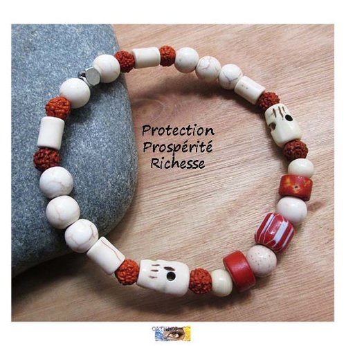 Bracelet ethnique "protection-prospérité-richesse"  perles os de yack, agate fossile, rudraksha, pierres naturelles, végétales, litho