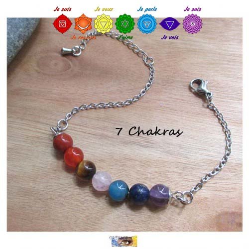 Bracelet chaînette "harmonisation 7 chakras" acier inoxydable, bracelet perles naturelles, lithothérapie, bracelet litho, pierres
