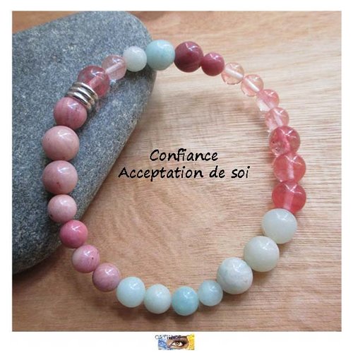 Bracelet "confiance-acceptation de soi" amazonite, quartz cerise, rhodochrosite, pierre naturelle, bijou lithothérapie, bracelet pierre