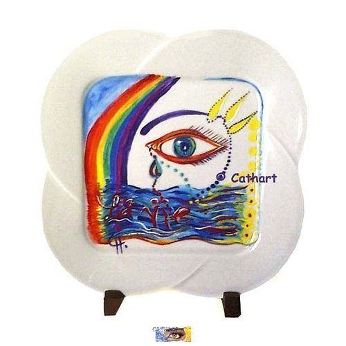 Assiette décorative en grès peinte main "la vie" - peinture symbolique abstraite, tableau peint sur assiette
