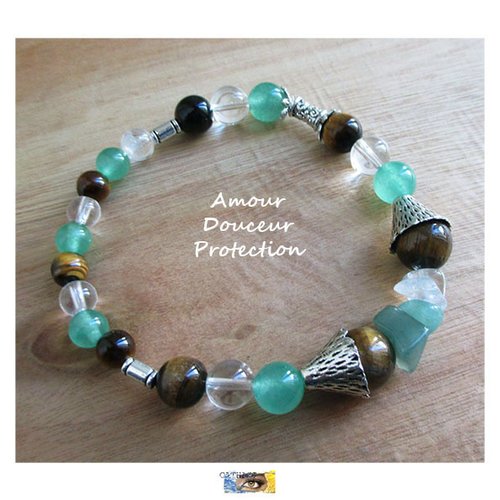 Bracelet - "amour-douceur-protection" aventurine, œil de tigre et cristal de roche, bracelet pierres naturelles, lithothérapie