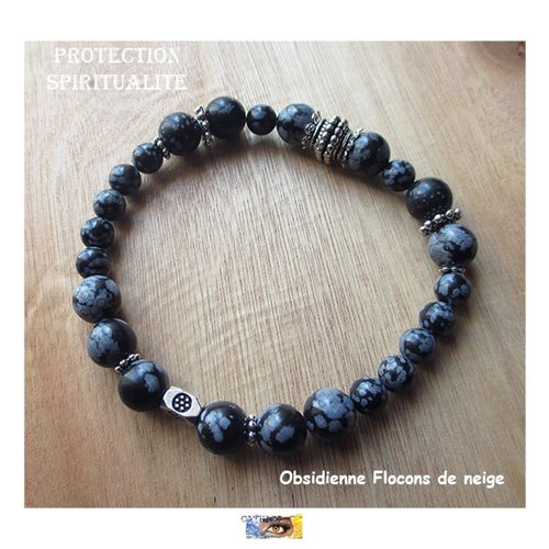 Bracelet "protection-spiritualité" obsidienne flocons de neige métal argent, bracelet pierres naturelles, bijou lithothérapie