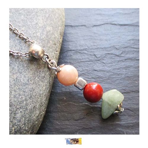 Pendentif -"anti-stress-sérénité" - pierre de soleil, aventurine, jaspe rouge - métal argent + bélière, pendentif pierre naturelle