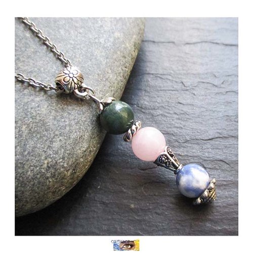 Pendentif - "confiance en soi-courage"- agate mousse, quartz rose, sodalite - métal argent + bélière, pendentif pierre naturelle, litho