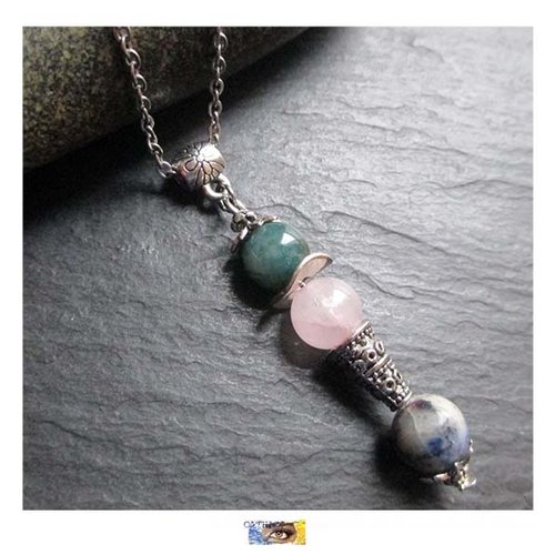 Pendentif - "confiance en soi-courage"- agate mousse, quartz rose, sodalite - métal argent + bélière, pendentif pierre naturelle, litho