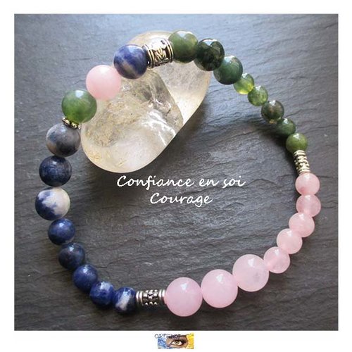 Bracelet - "confiance en soi - courage" agate mousse, quartz rose et sodalite, bracelet pierre naturelle, bijou litho