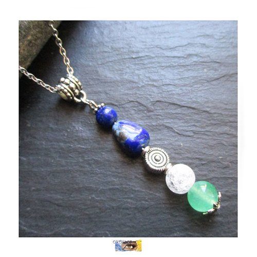 Pendentif -  "acné-eczéma" - lapis lazuli, aventurine, cristal de roche craquelé, pendentif pierre naturelle, bijou litho