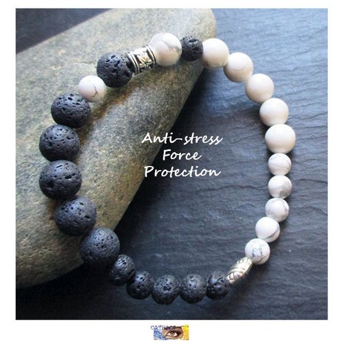 Bracelet "anti-stress-force-protection" - howlite, pierre de lave, bracelet lithothérapie, pierre naturelle, perle