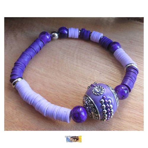 Bracelet perles heishi katsuki (pâte polymère) et verre - perle indonésienne - acier inoxydable, bracelet fantaisie
