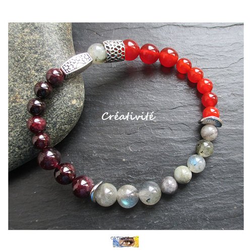 Bracelet "créativité-succès-confiance" - grenat, labradorite, cornaline - métal argent, bracelet pierre naturelle, bijou litho perles