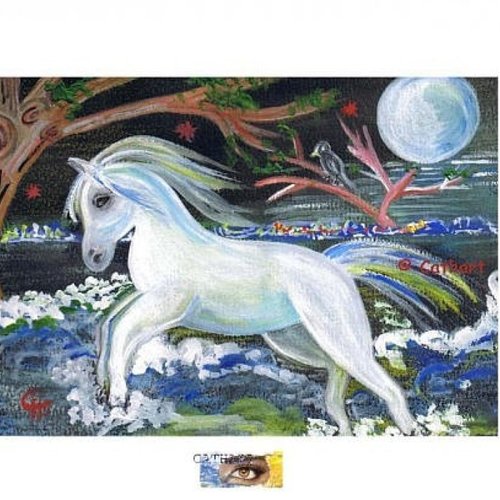 Pastel et acrylique "le blanc cheval sorti des vagues irlandaises" - + cadre noir acryl noir, pastel, cadre cheval blanc