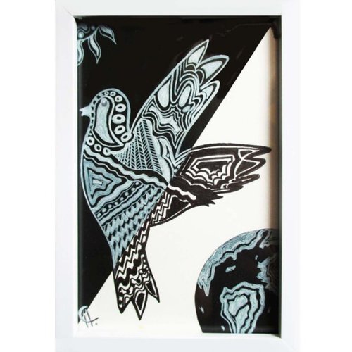 Dessin à l'encre blanche et noire : "oiseau de la paix" - + cadre, encre colombe, cadre oiseau noir et blanc