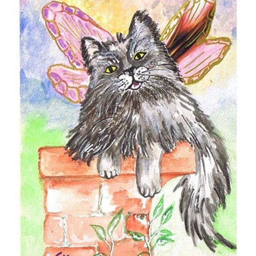 Aquarelle et collages "le chat aux ailes d'or, peinture chat, technique mixte peinture et collage - + cadre