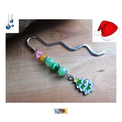Marque-pages "sapin" - perles verre, œil de chat, email - métal argent, signet noël