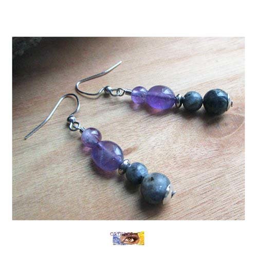 B.o. perles larvikite, améthyste - acier inoxydable, boucles pierre naturelle, boucles oreille pierre, acier
