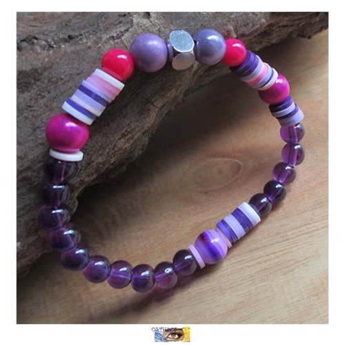 Bracelet perles fuchsia/violet - verre, magique (acrylique), et heishi (pâte polymère) - acier inoxydable, bracelet fillette, bijou enfant