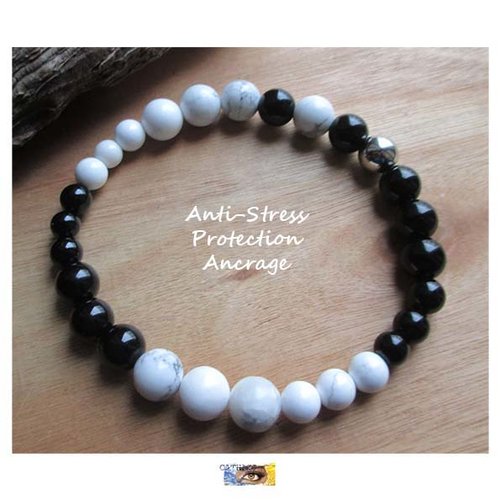 Bracelet "anti-stress-protection-ancrage" - howlite, onyx - perles brillantes - acier inoxydable, bracelet lithothérapie, pierre naturelle,
