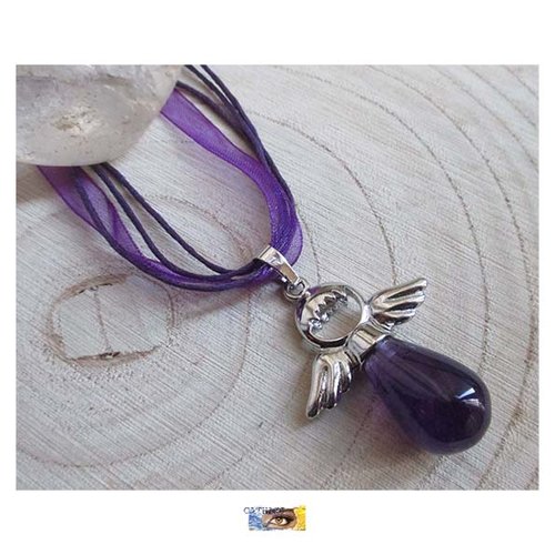 Tour de cou - "paix" - "ange" améthyste - cordon organza/coton ciré violet, pendentif pierre naturelle, ange améthyste, lithothérapie