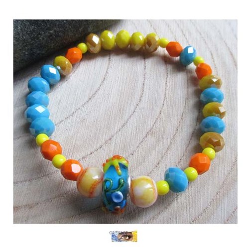 Bracelet "mer" perles verre abacus à facettes turquoise/orange/jaune, bracelet perles fantaisie femme, bijou été femme perles
