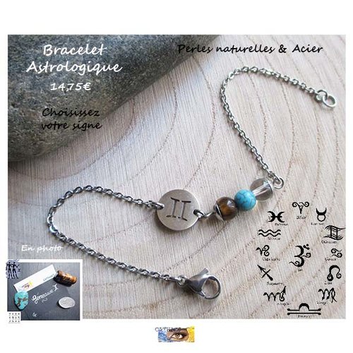 Bracelet chaînette astrologique, perles naturelles, bracelet lithothérapie, acier