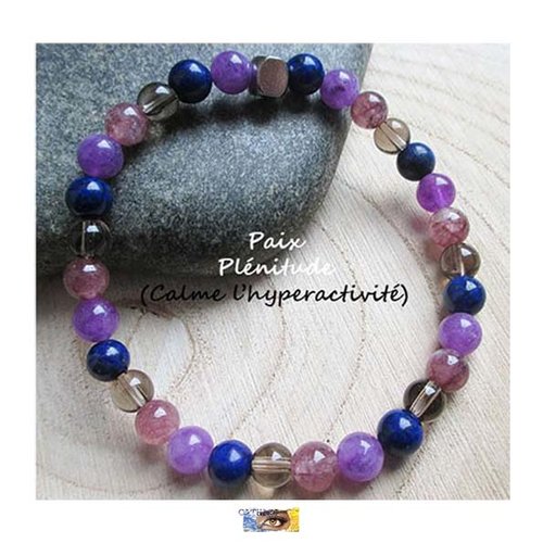 Bracelet "paix-plénitude" - calme l'hyperactivité - améthyste, lapis lazuli, quartz fumé, lépidolite - bracelet litho