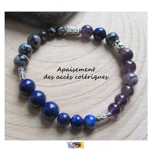 "bracelet "colère" - obsidienne flocons de neige, améthyste, lapis lazuli, bracelet lithothérapie, pierre naturelle, perles