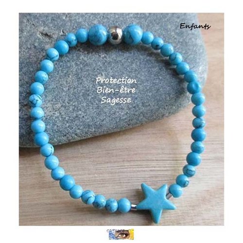 Bracelet turquoise, howlite, "protection-bien-être-sagesse", bracelet lithothérapie, pierres naturelles, bijou enfant pierre, acier